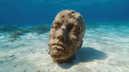 Underwater head sculpture on ocean floorの素材