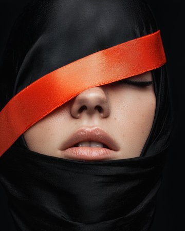 Mysterious woman with orange ribbon over eyesの素材
