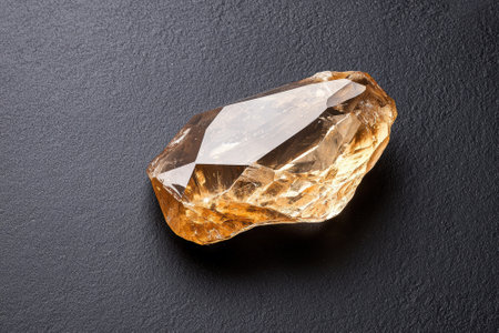 Close-up of a yellow quartz crystal on a dark backgroundの素材