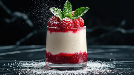 Delicious raspberry mousse dessert in a glassの素材