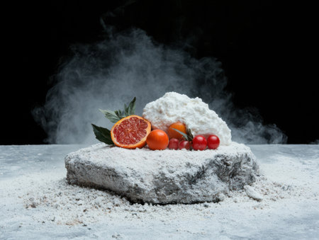 Smoky ricotta cheese with citrus fruits on a rockの素材