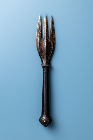 Antique trident fork on blue backgroundの素材