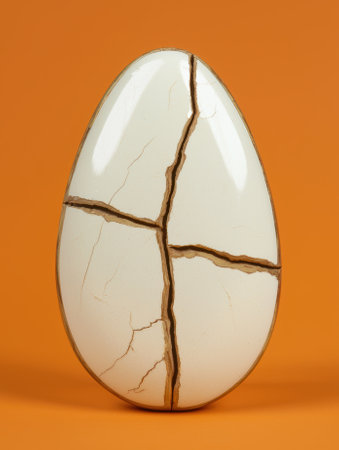 Cracked white egg on orange backgroundの素材