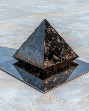 Black pyramid sculpture on a reflective surfaceの素材