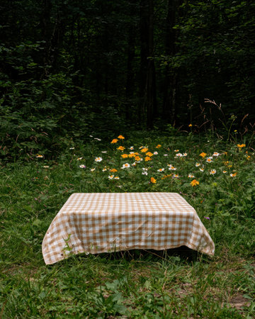 Checkered tablecloth on a table in a forest clearingの素材