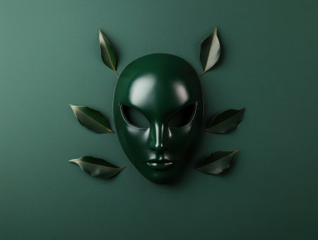 Green mask with leaves on dark green backgroundの素材