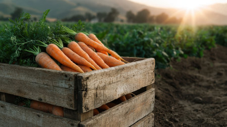 Freshly harvested carrots in a wooden crate at sunsetの素材