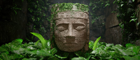 Ancient stone face statue in lush jungle settingの素材