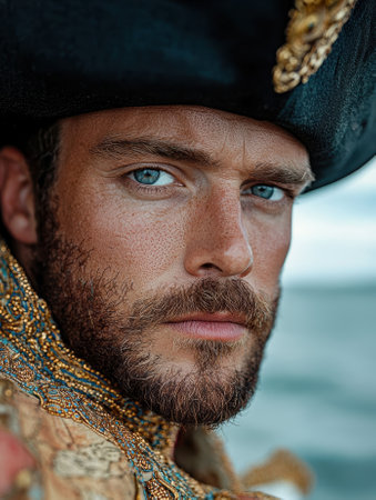 Close-up portrait of a man in a pirate costumeの素材
