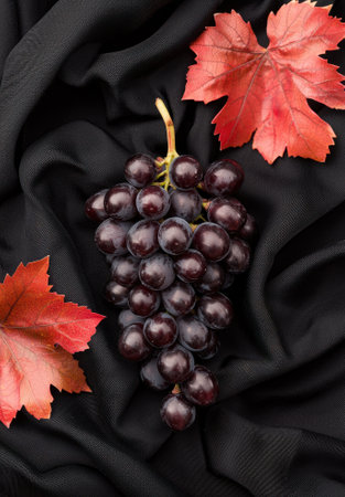 Red wine grapes on black silkの素材