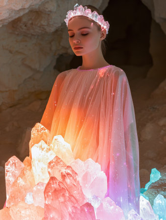 Woman in glowing crystal dress and crownの素材