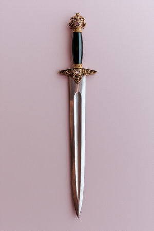 Ornate dagger with jeweled handle on pink backgroundの素材