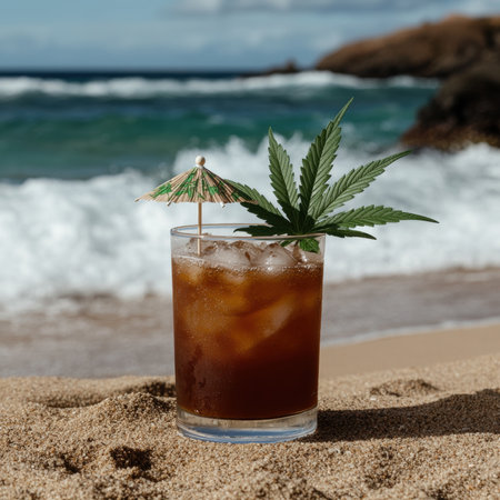 Cannabis infused iced drink on the beachの素材