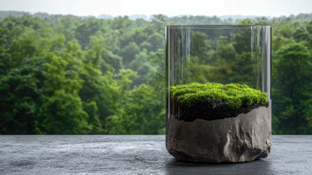Glass terrarium with moss and stone on a dark surface, green forest backgroundの素材