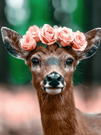 Closeup of a deer wearing a flower crownの素材
