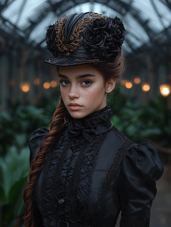 Portrait of a young woman in a black Victorian-style dress and hatの素材