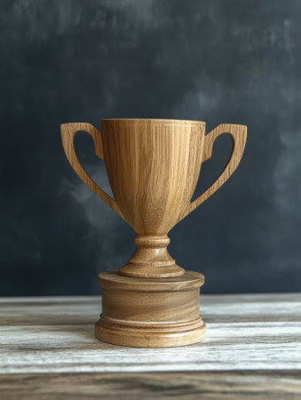 Wooden trophy on a rustic tableの素材