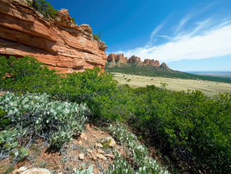 Red rock canyon landscape with green vegetationの素材