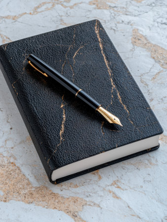 Black leather journal with gold penの素材