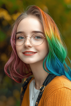 Portrait of a young woman with rainbow hair and glassesの素材