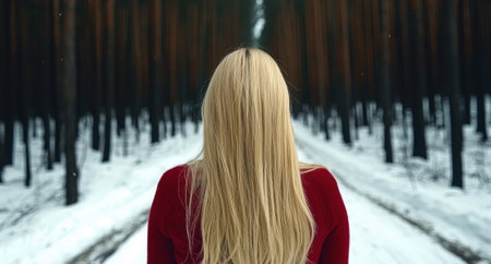 Woman with long blonde hair walking away in snowy forest pathの素材