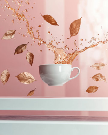 Autumn tea splash in white cupの素材