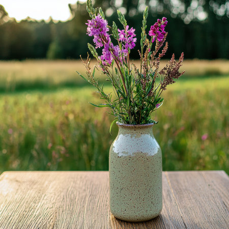 Wildflowers in a rustic vase on a wooden tableの素材