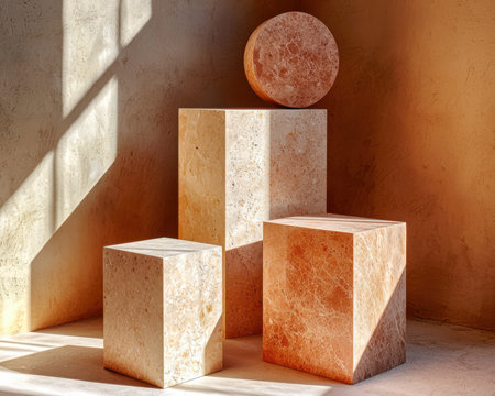 Beige and orange marble cubes and circle on a textured backgroundの素材
