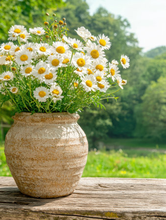 Daisy flowers in a rustic vase on a wooden tableの素材