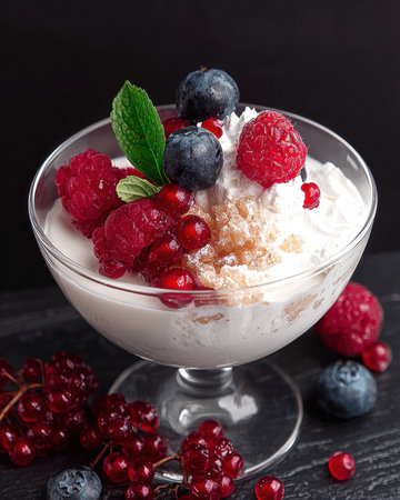 Delicious dessert with berries and whipped creamの素材