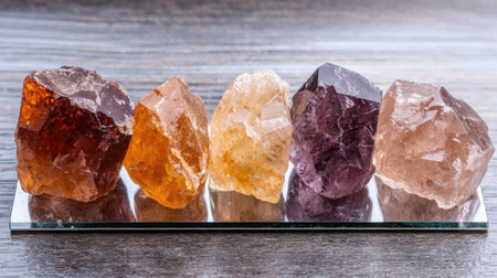 Assortment of quartz crystals on a reflective surfaceの素材