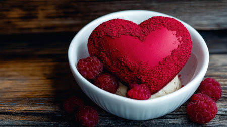 Heart-shaped dessert with raspberries in a bowlの素材
