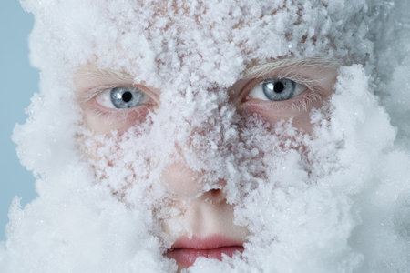 Close-up of a person's face covered in frostの素材
