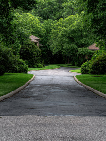 Curving road through a lush green neighborhoodの素材