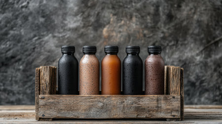 Assortment of bottled drinks in a rustic wooden crateの素材