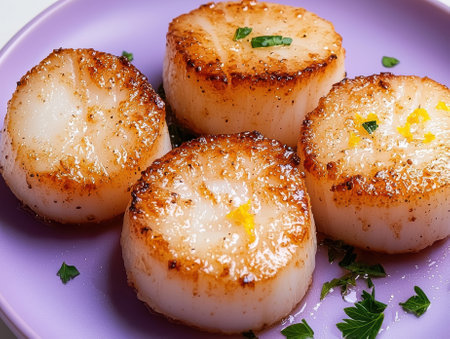 Close-up of four pan-seared scallops on a purple plateの素材