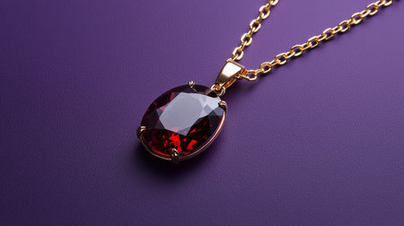 Elegant gold necklace with oval red gemstone pendantの素材