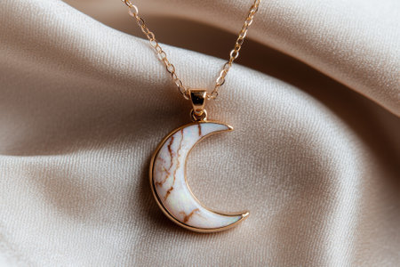 Gold crescent moon necklace with opal inlay on silkの素材