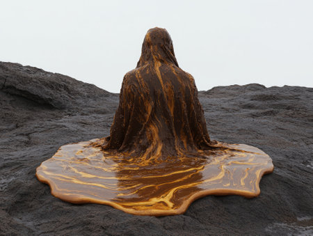 Mysterious figure covered in viscous, golden liquid sits on dark rocksの素材