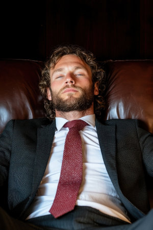 Businessman relaxing on a leather couchの素材