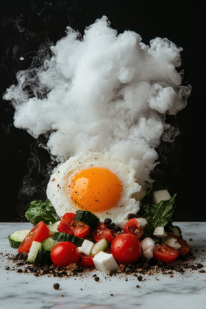 Fried egg with vegetable salad and dry iceの素材