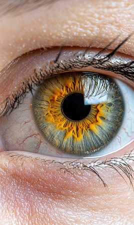 Close-up of a human eye with yellow and gray irisの素材