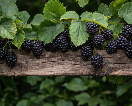 Ripe blackberries on a rustic wooden surfaceの素材