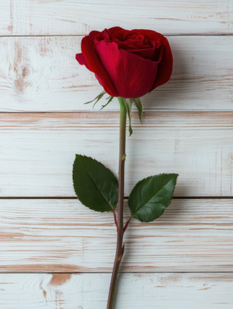 Single red rose on white wooden backgroundの素材