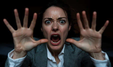 Fearful woman with hands up, screamingの素材