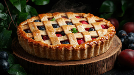 A freshly baked berry pie with a lattice crust, cooling on a wooden boardの素材