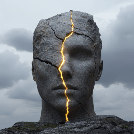 Glowing crack in stone head sculptureの素材