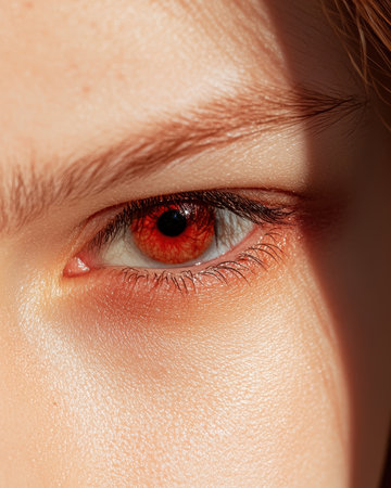 Close-up of a person's eye with red irisの素材