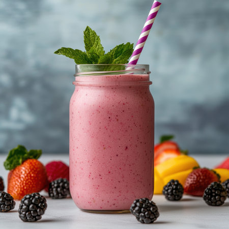 Delicious berry smoothie in mason jar with fresh fruitの素材