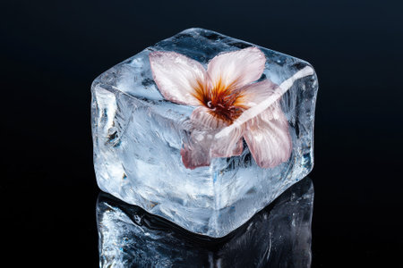 Frozen flower in ice cube on black backgroundの素材